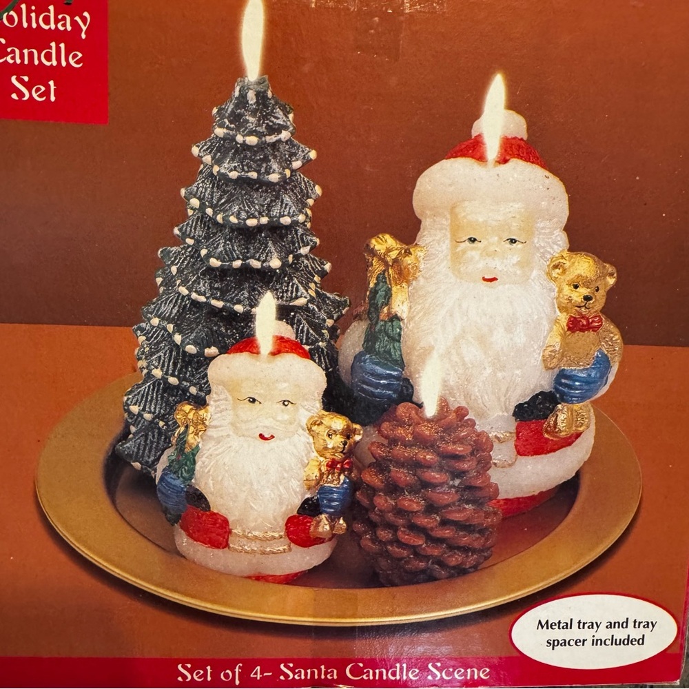 Vintage Holiday Candle Set of 4 Wax Santa Candle Scene Tray Centerpiece New‎